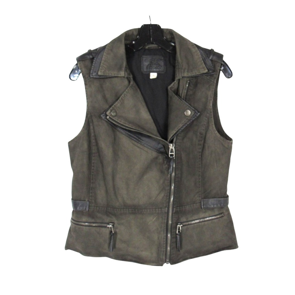 CHELSEA & VIOLET Army Green FAUX LEATHER TRIM Snap ZIP POCKETS Moto Vest Sz S
